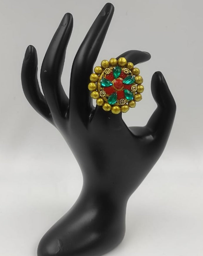 Terracotta Ring with blue kundan