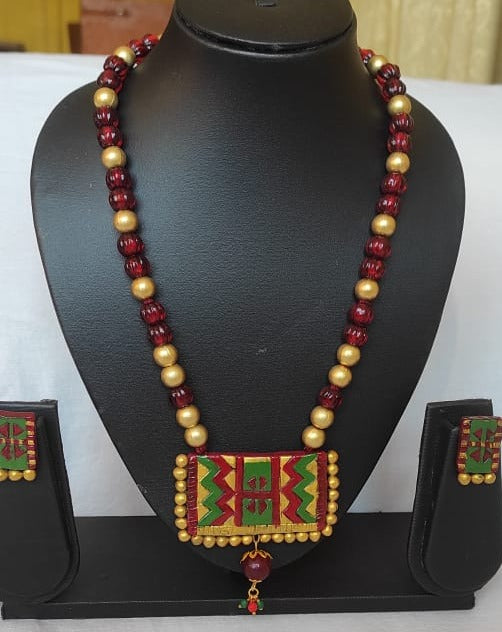 Rectagular Elegance- Handcrafted Terracotta Long Jewellery Set