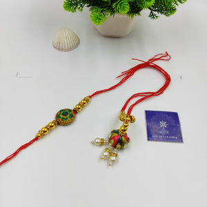 HANDMADE TERRACOTTA GREEN PINK JHUMKI COUPLE RAKHI