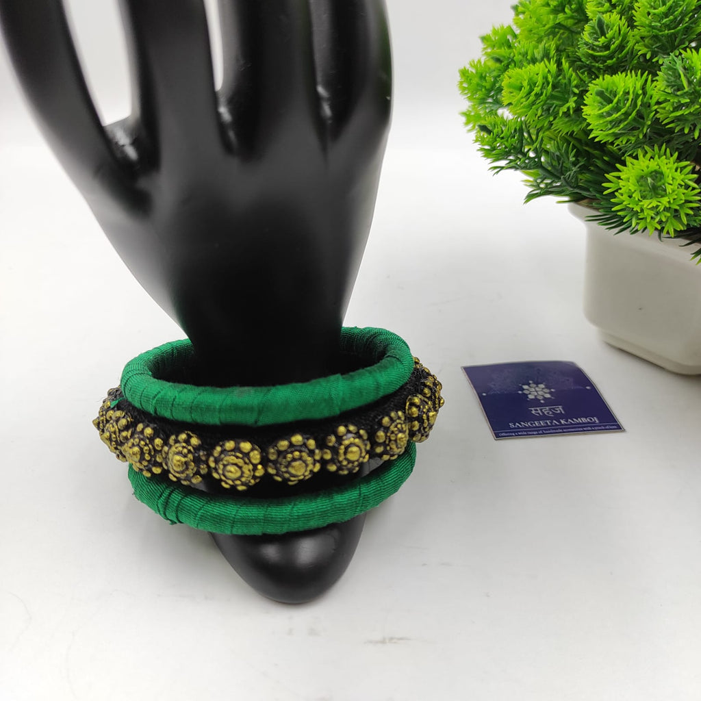 GREEN AND BLACK HANDMADE TERRACOTTA BANGLES(combo of terracotta and fabric)