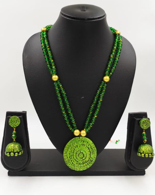 Green Circle  Terracotta with crystal beads ! can be customised !