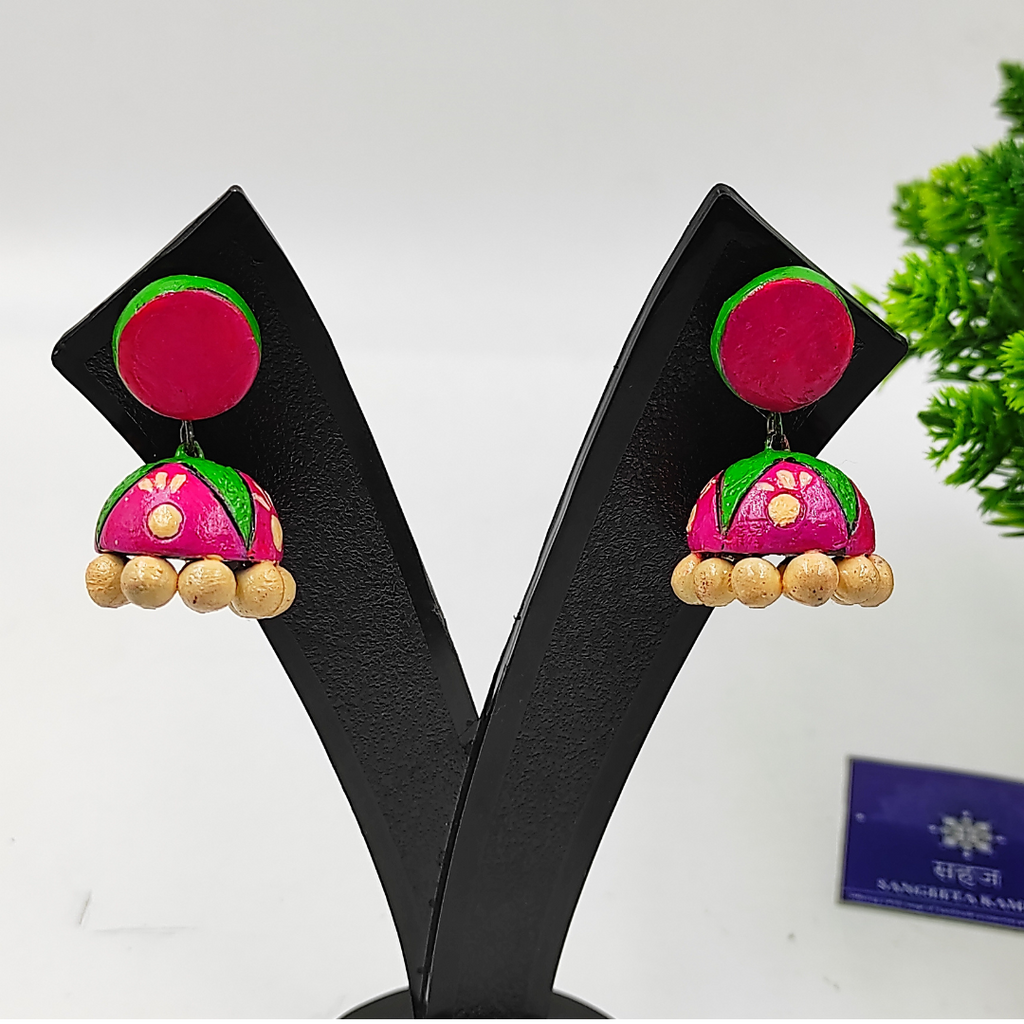 PINK GREEN HANDMADE TERRACOTTA JHUMKI