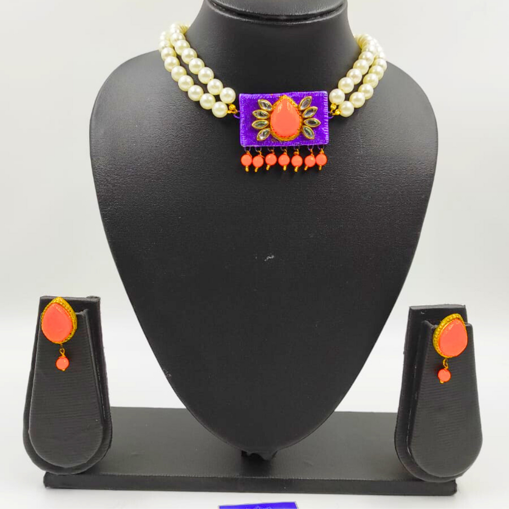 PURPLE ORANGE HANDMADE TERRACOTTA WITH PEARL KANTHI SET