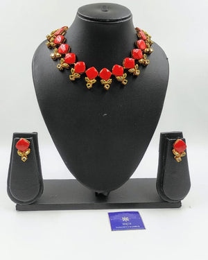 RED  HANDMADE TERRACOTTA SET WIH KUNDAN