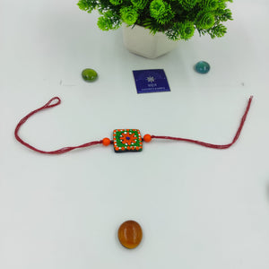 HANDMADE TERRACOTTA GREEN ORANGE SQUARE RAKHI